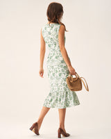 Green Floral Square Neck Midi Dress - Threadford
