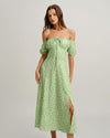 Green Floral Square Neck Puffed Sleeve Midi Dress - Threadford