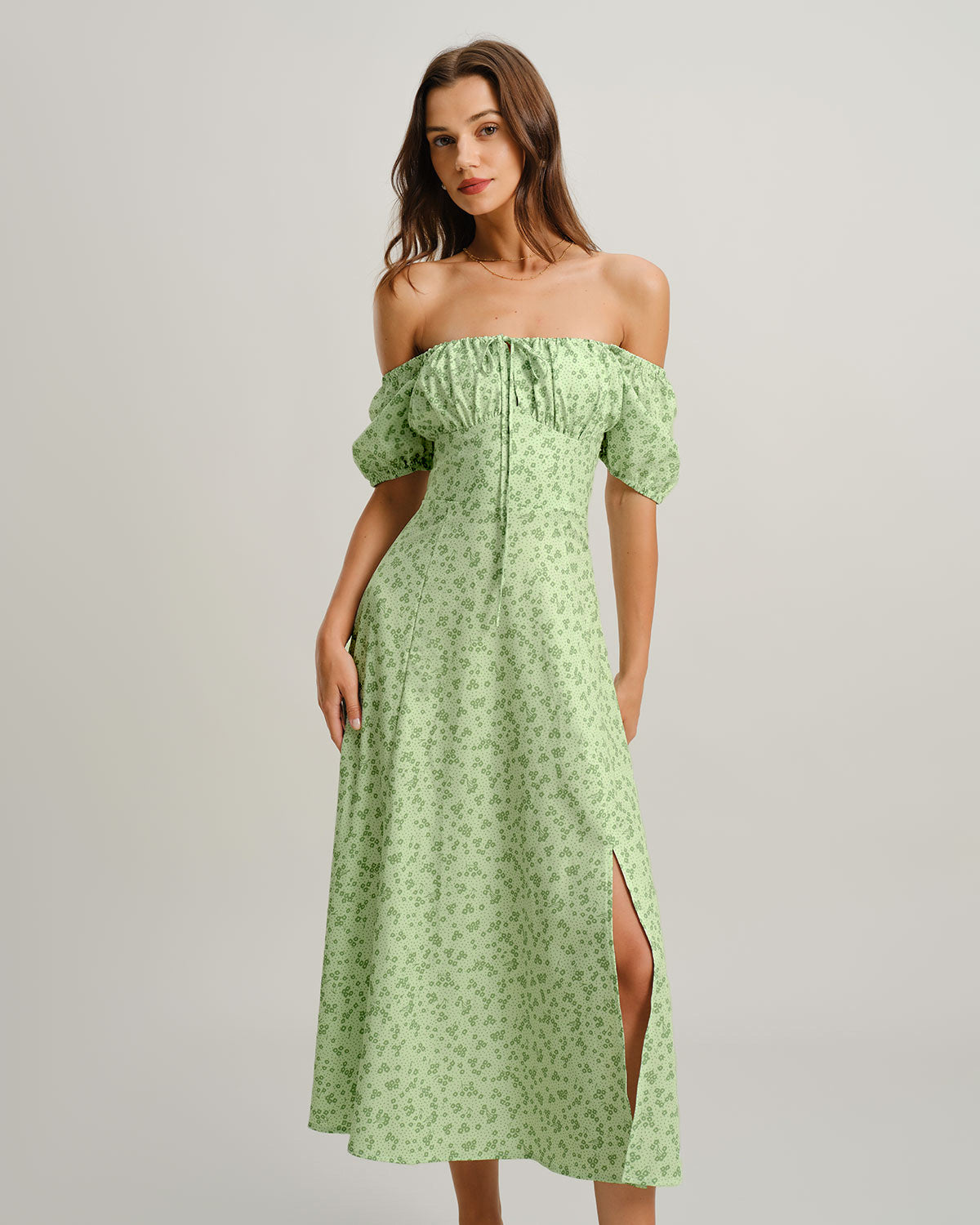 Green Floral Square Neck Puffed Sleeve Midi Dress - Threadford