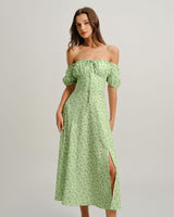Green Floral Square Neck Puffed Sleeve Midi Dress - Threadford
