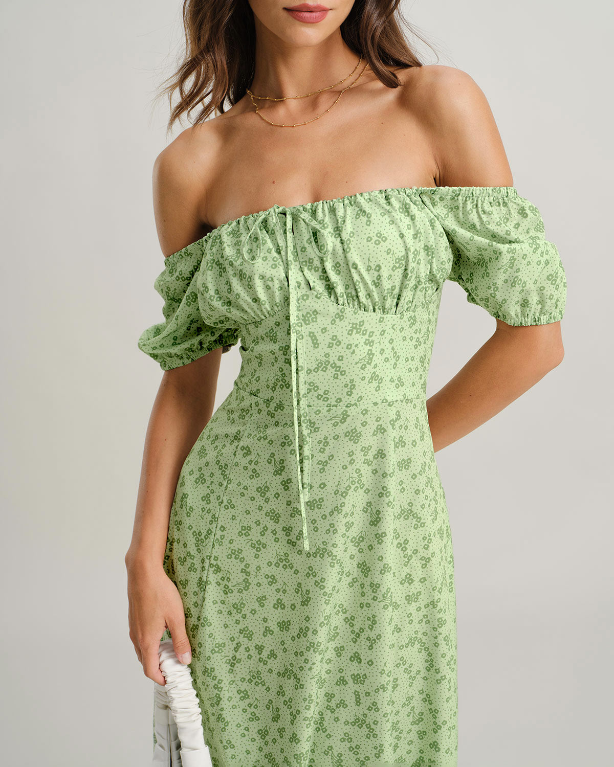 Green Floral Square Neck Puffed Sleeve Midi Dress - Threadford
