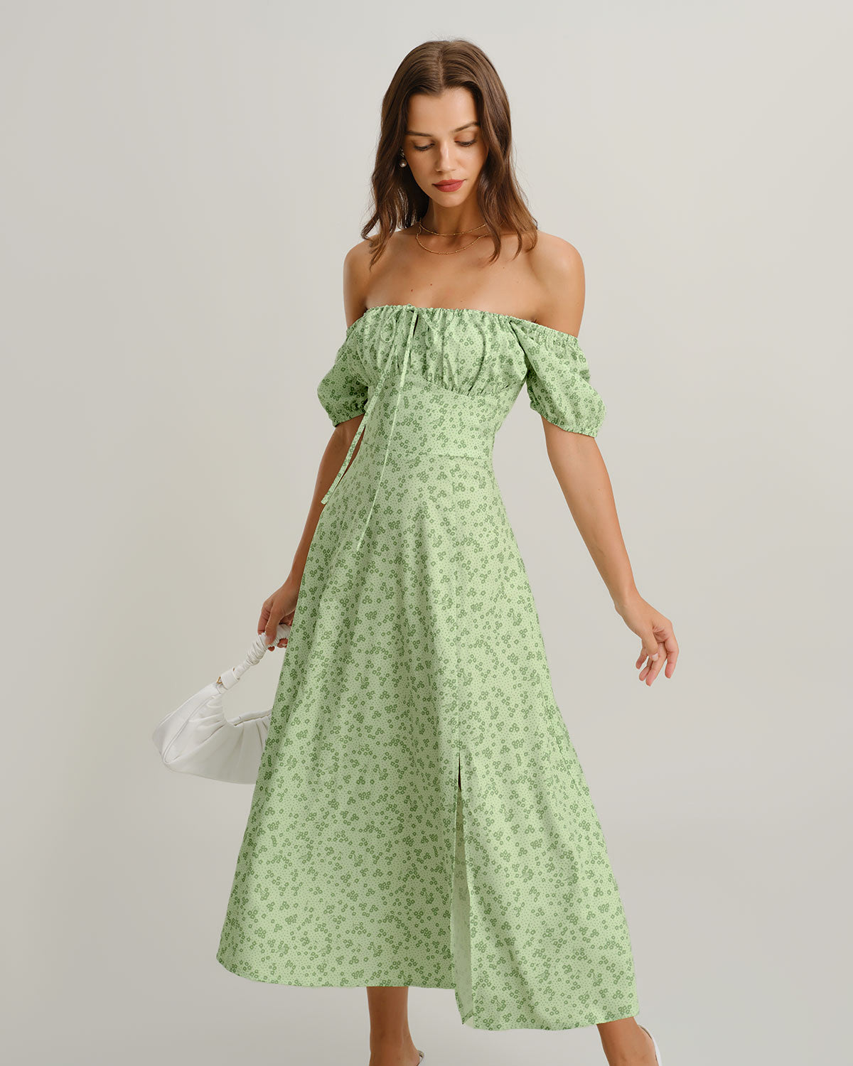 Green Floral Square Neck Puffed Sleeve Midi Dress - Threadford