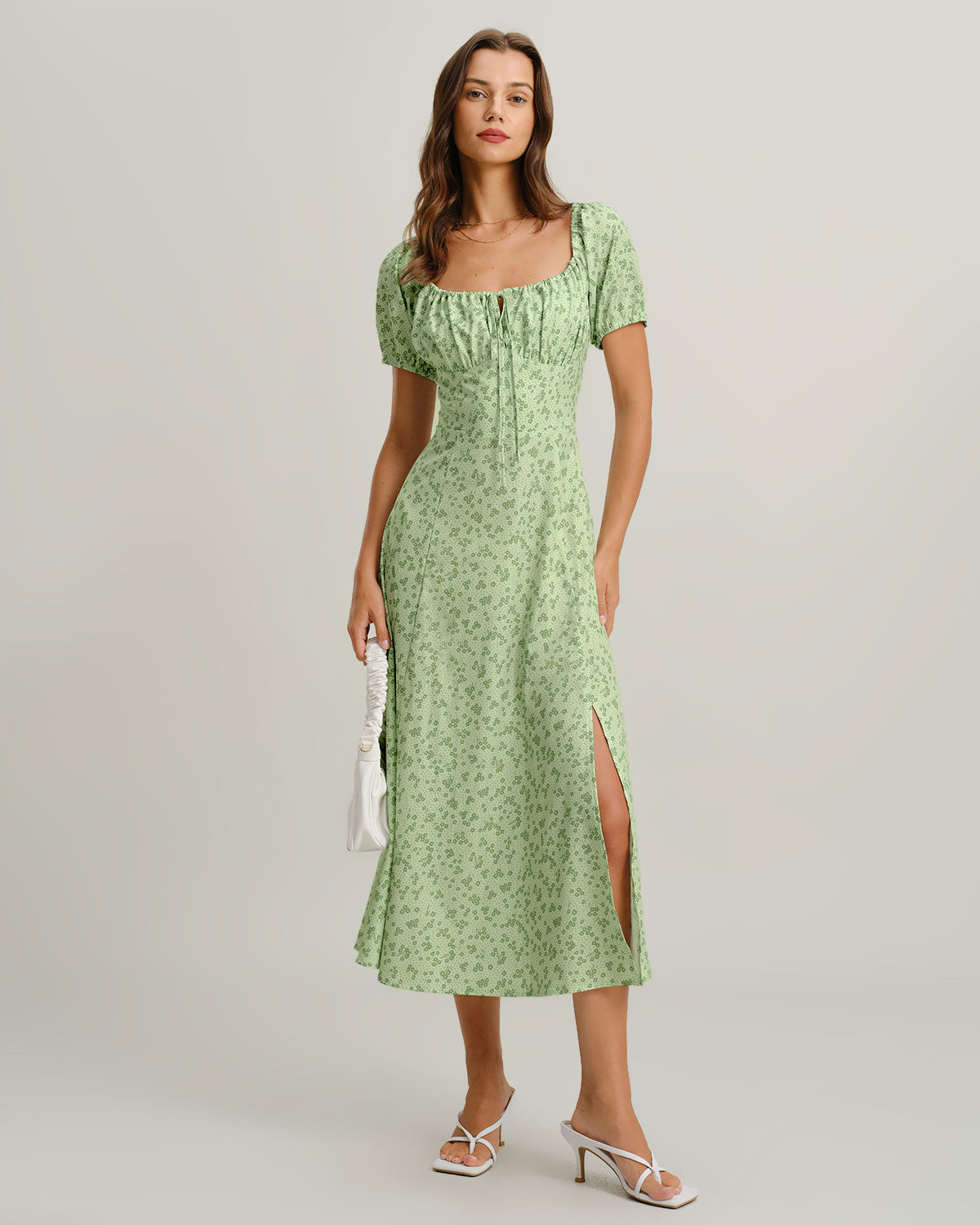 Green Floral Square Neck Puffed Sleeve Midi Dress - Threadford