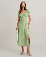 Green Floral Square Neck Puffed Sleeve Midi Dress - Threadford