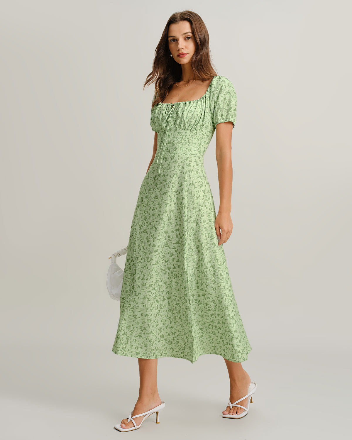 Green Floral Square Neck Puffed Sleeve Midi Dress - Threadford