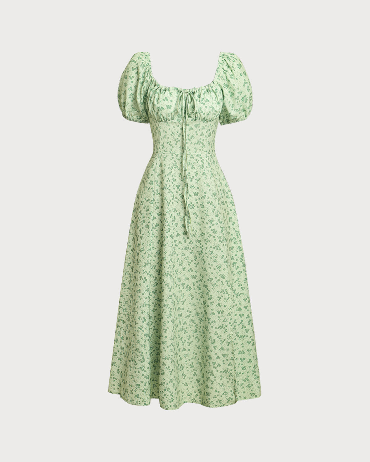 Green Floral Square Neck Puffed Sleeve Midi Dress - Threadford