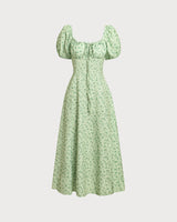 Green Floral Square Neck Puffed Sleeve Midi Dress - Threadford