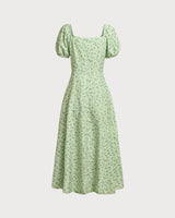 Green Floral Square Neck Puffed Sleeve Midi Dress - Threadford