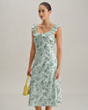Green Floral Square Neck Ruched Midi Dress - Threadford