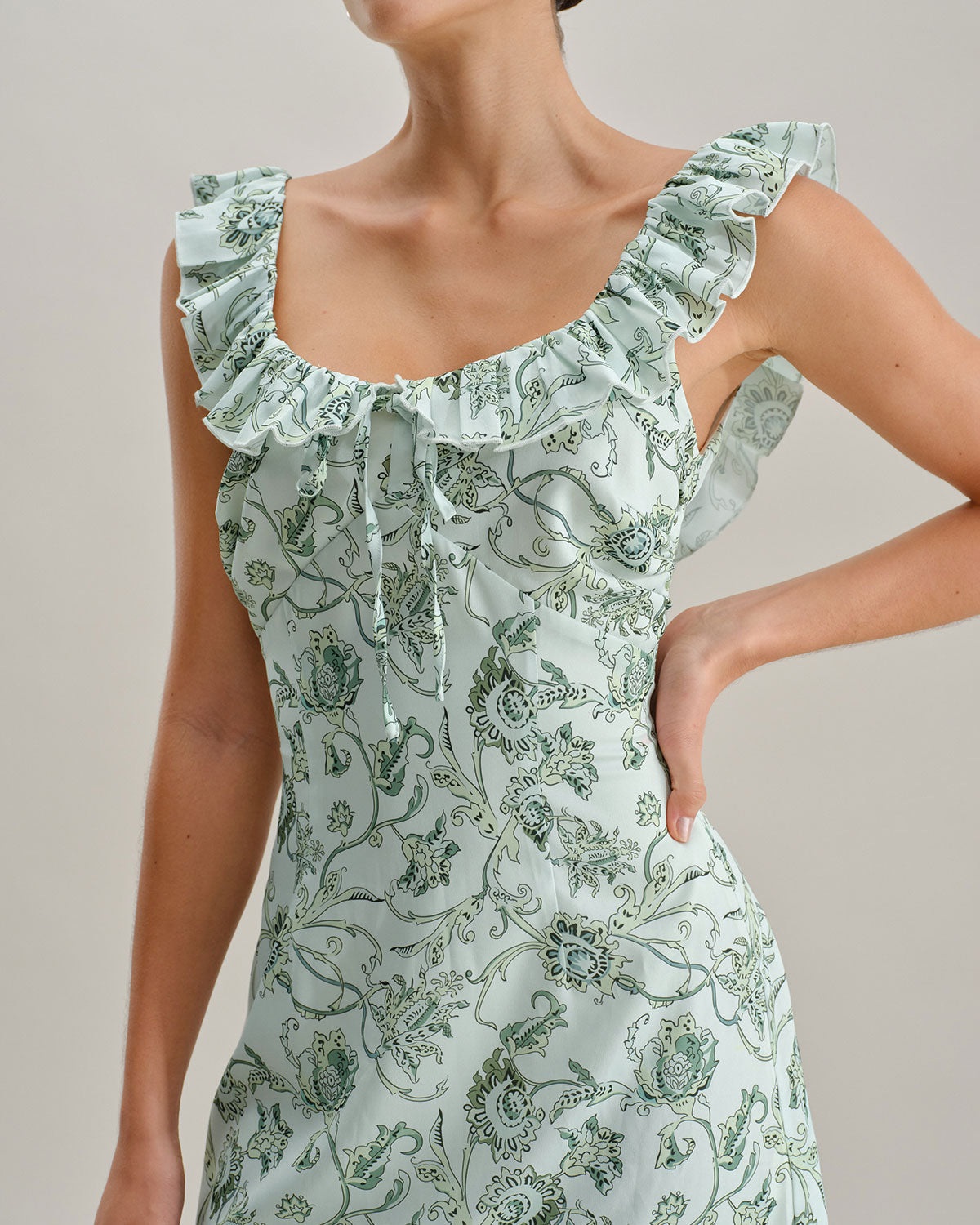 Green Floral Square Neck Ruched Midi Dress - Threadford