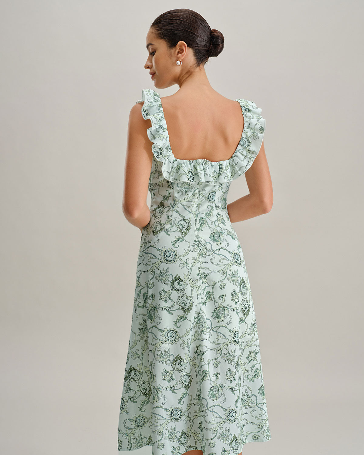 Green Floral Square Neck Ruched Midi Dress - Threadford