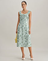 Green Floral Square Neck Ruched Midi Dress - Threadford