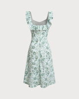 Green Floral Square Neck Ruched Midi Dress - Threadford