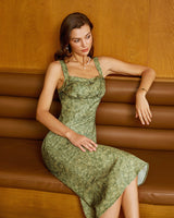 Green Floral Square Neck Slip Midi Dress - Threadford