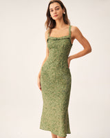 Green Floral Square Neck Slip Midi Dress - Threadford