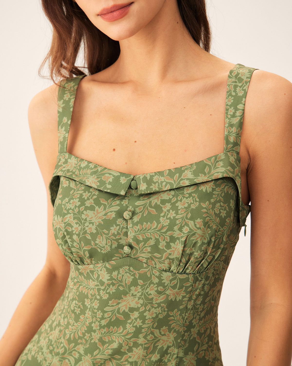 Green Floral Square Neck Slip Midi Dress - Threadford