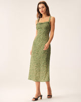 Green Floral Square Neck Slip Midi Dress - Threadford