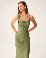 Green Floral Square Neck Slip Midi Dress - Threadford