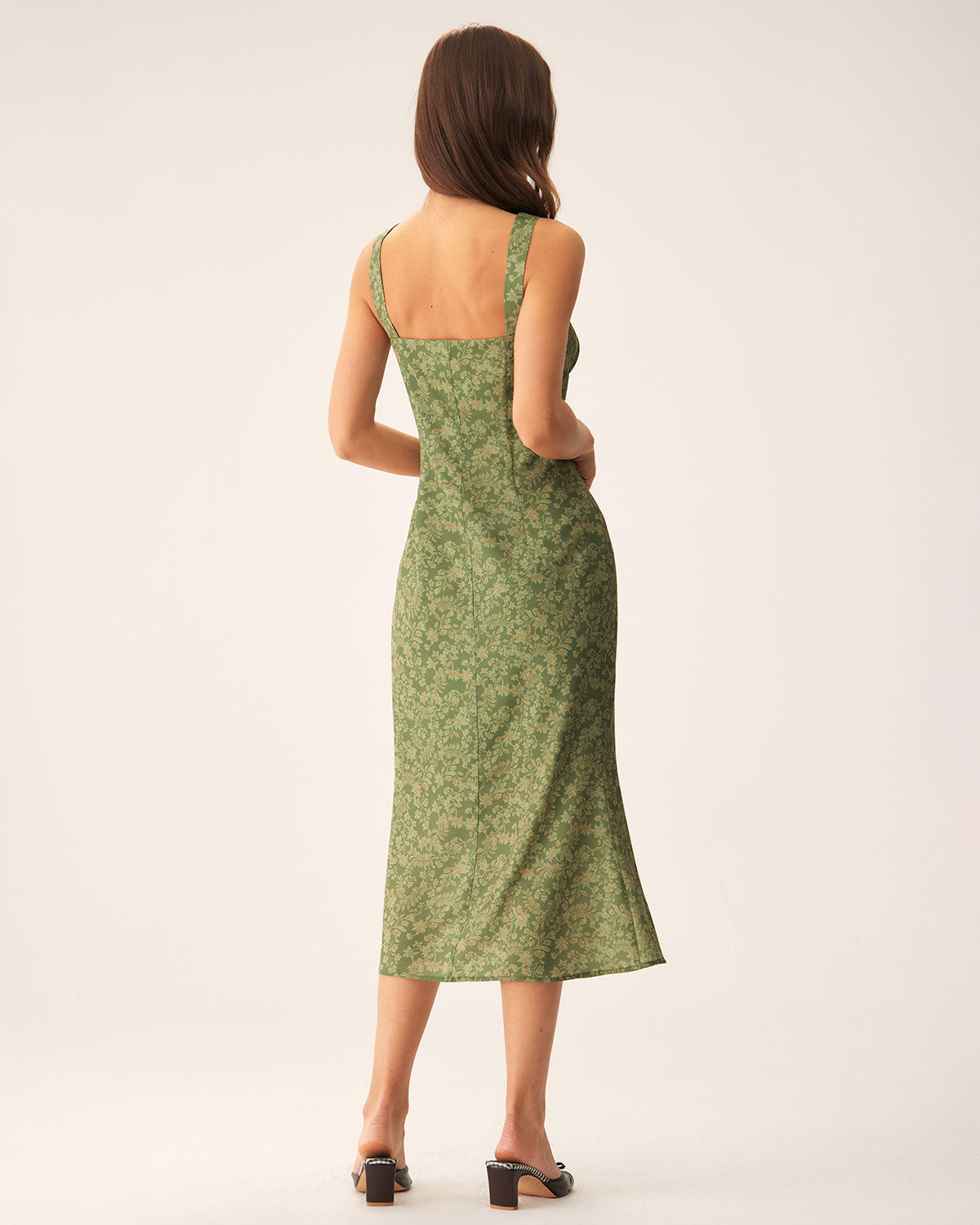 Green Floral Square Neck Slip Midi Dress - Threadford