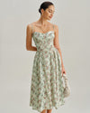 Green Floral Sweetheart Neck Pleated Slip Midi Dress - Threadford