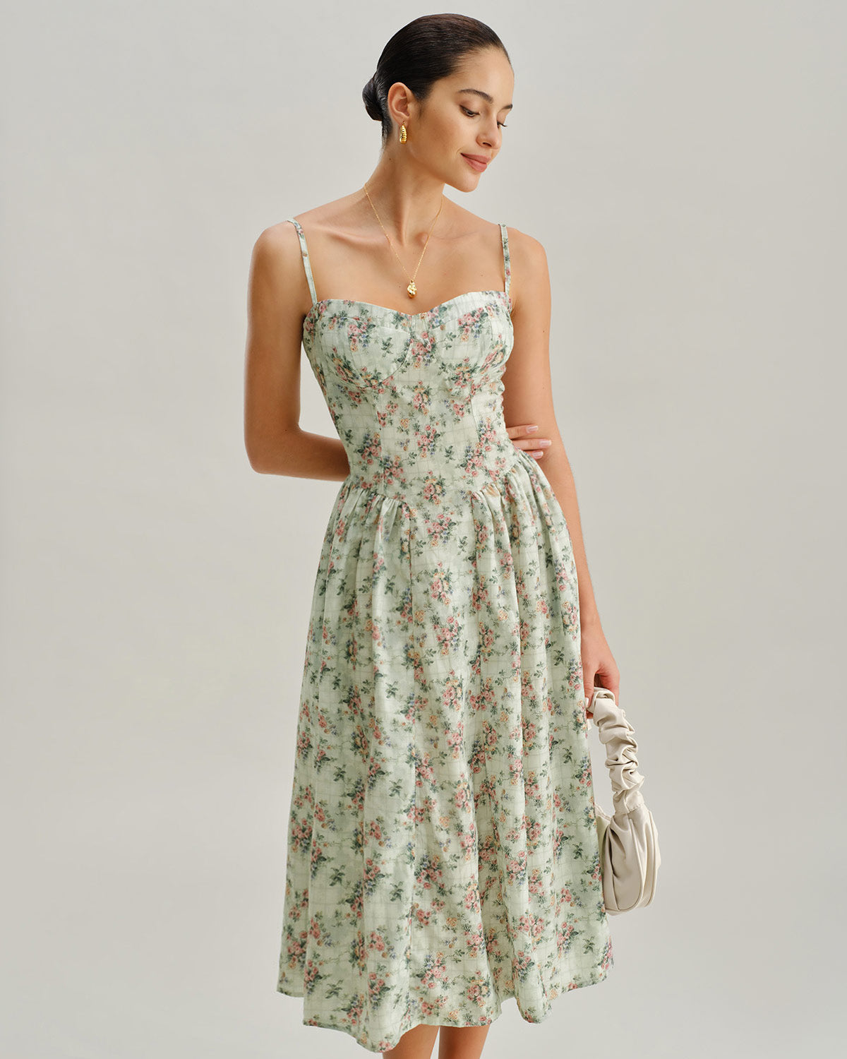 Green Floral Sweetheart Neck Pleated Slip Midi Dress - Threadford