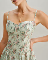 Green Floral Sweetheart Neck Pleated Slip Midi Dress - Threadford