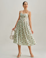 Green Floral Sweetheart Neck Pleated Slip Midi Dress - Threadford