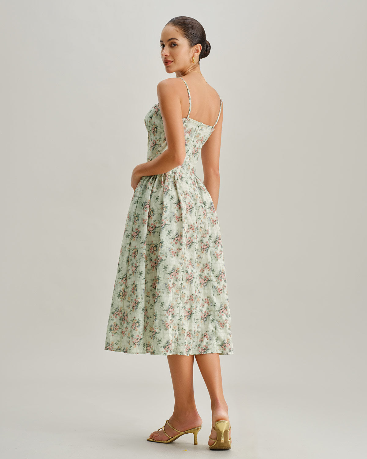 Green Floral Sweetheart Neck Pleated Slip Midi Dress - Threadford