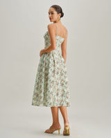 Green Floral Sweetheart Neck Pleated Slip Midi Dress - Threadford