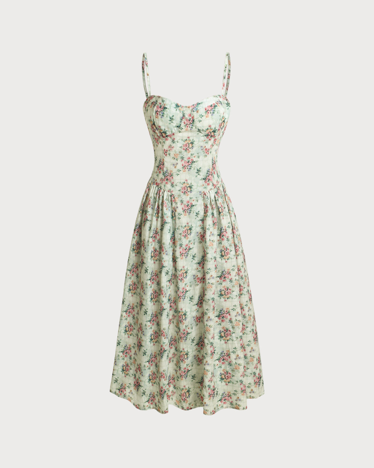 Green Floral Sweetheart Neck Pleated Slip Midi Dress - Threadford