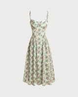 Green Floral Sweetheart Neck Pleated Slip Midi Dress - Threadford