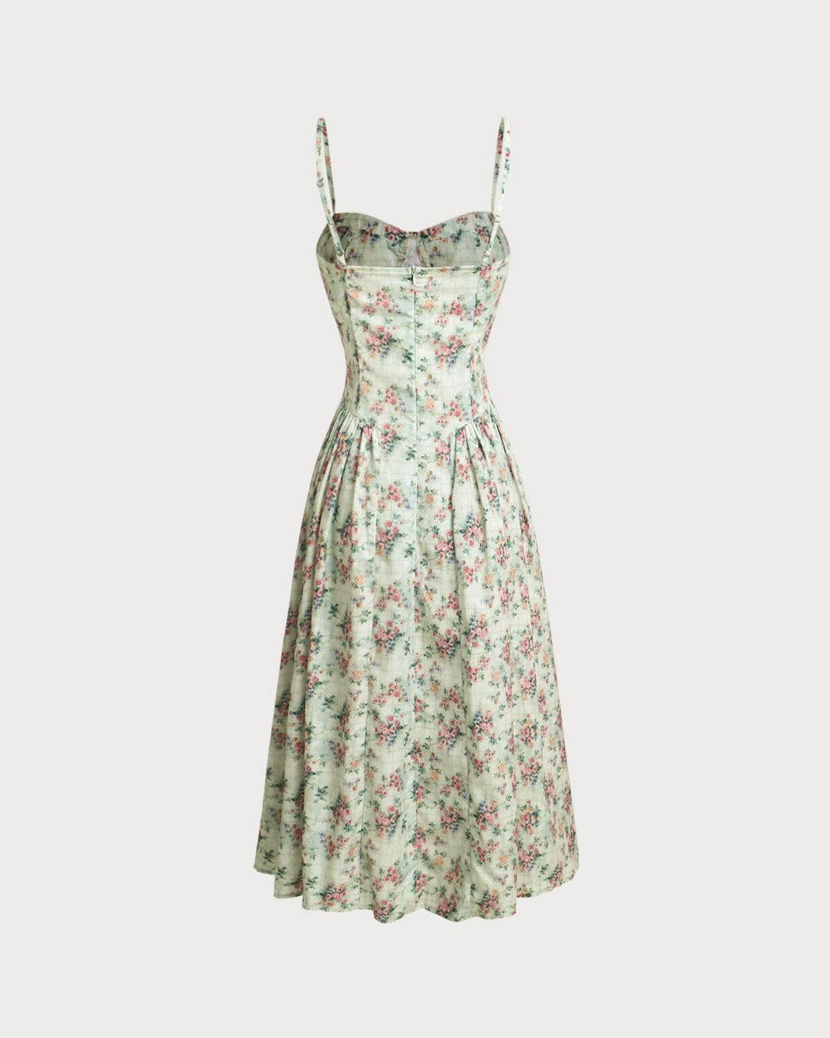 Green Floral Sweetheart Neck Pleated Slip Midi Dress - Threadford