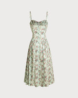 Green Floral Sweetheart Neck Pleated Slip Midi Dress - Threadford