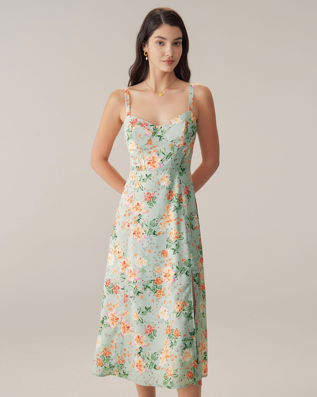 Green Floral Sweetheart Neck Slip Midi Dress - Threadford