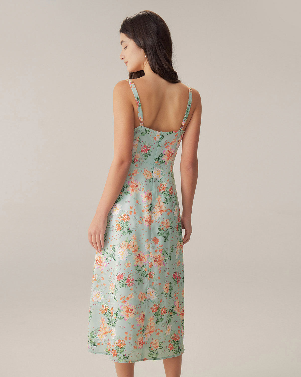 Green Floral Sweetheart Neck Slip Midi Dress - Threadford