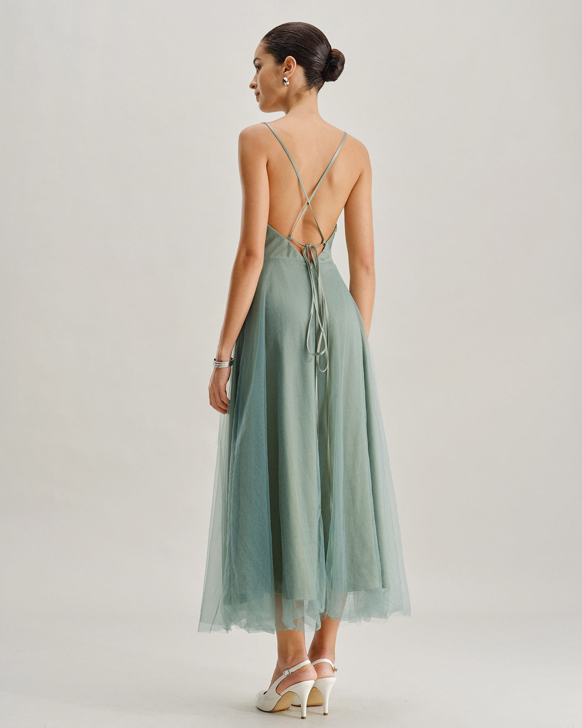 Green Mesh Flowy Slip Midi Dress - Threadford