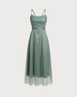 Green Mesh Flowy Slip Midi Dress - Threadford