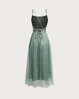 Green Mesh Flowy Slip Midi Dress - Threadford