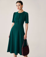 Green Puffed Sleeve Button Midi Dress - Threadford