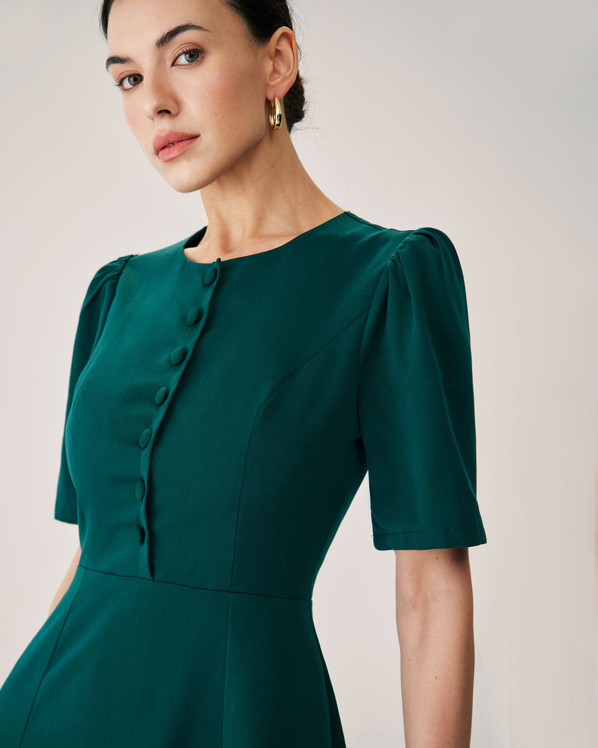 Green Puffed Sleeve Button Midi Dress - Threadford