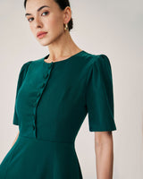 Green Puffed Sleeve Button Midi Dress - Threadford