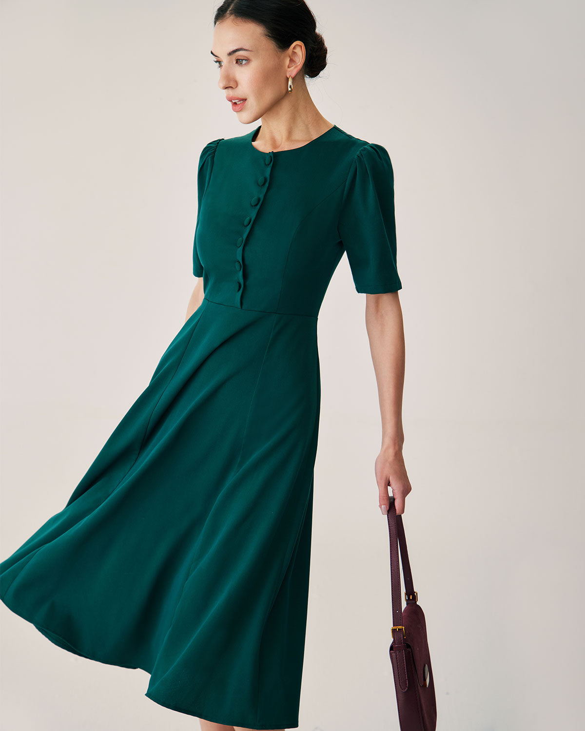 Green Puffed Sleeve Button Midi Dress - Threadford