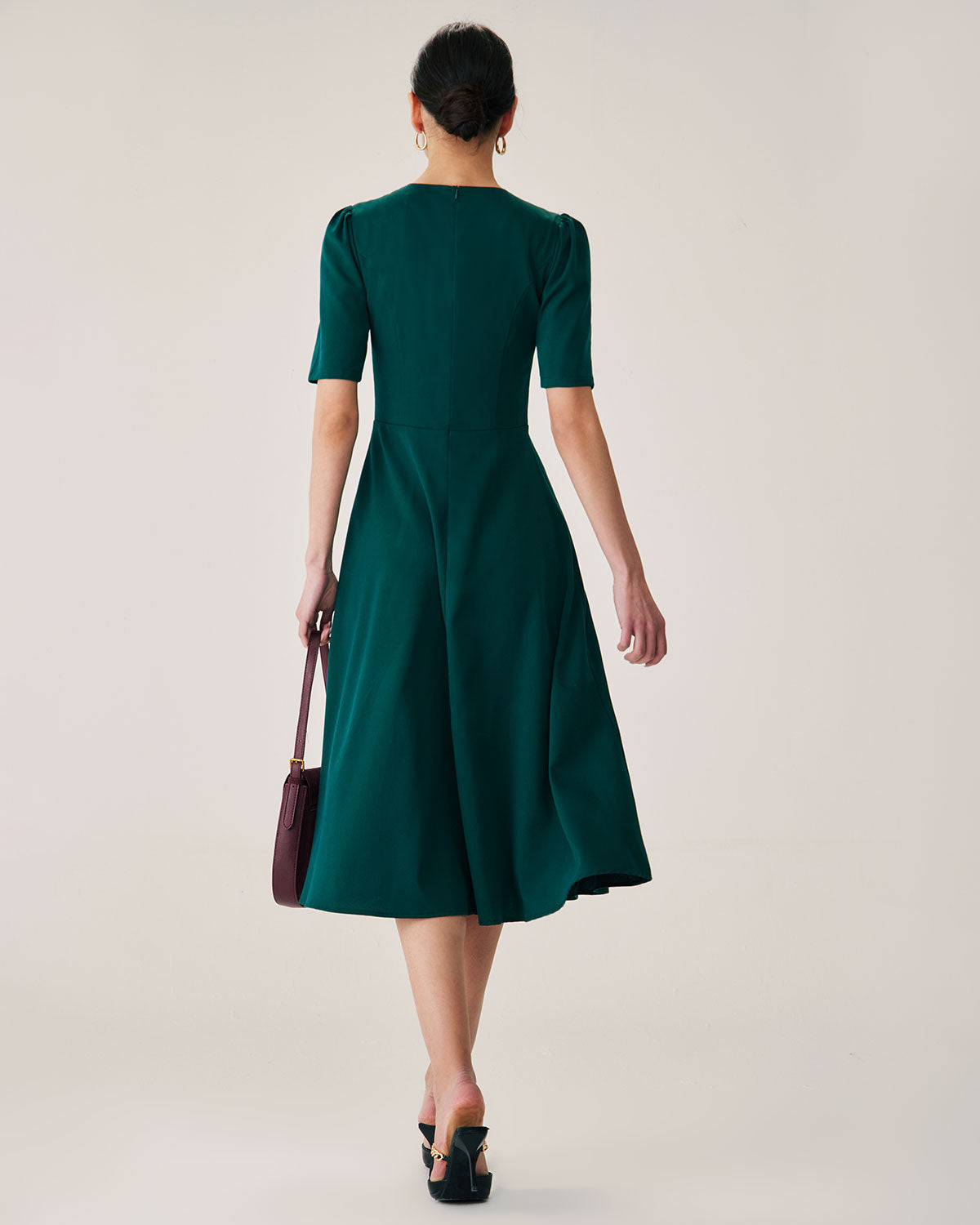 Green Puffed Sleeve Button Midi Dress - Threadford