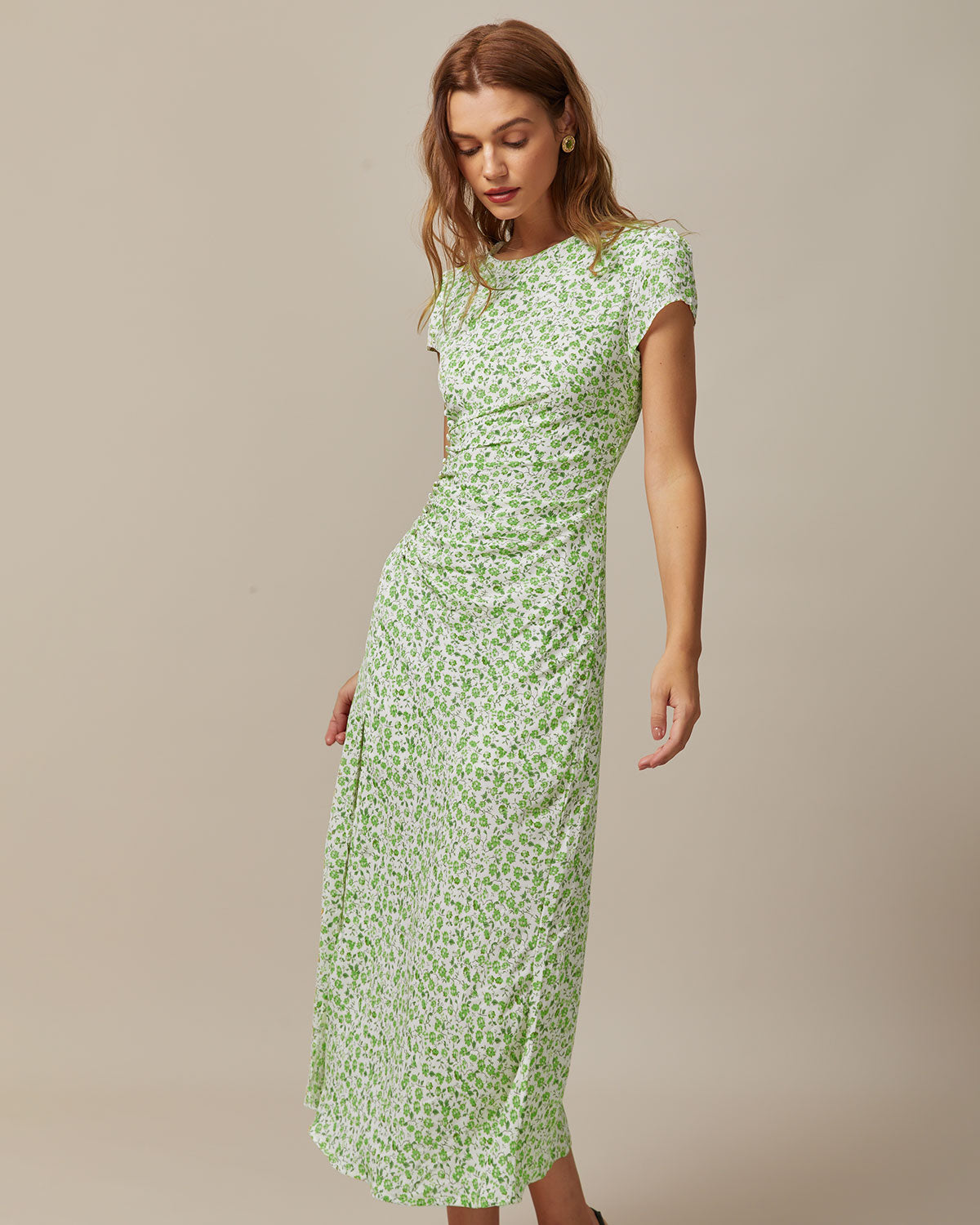 Green Round Neck Floral Midi Dress - Threadford
