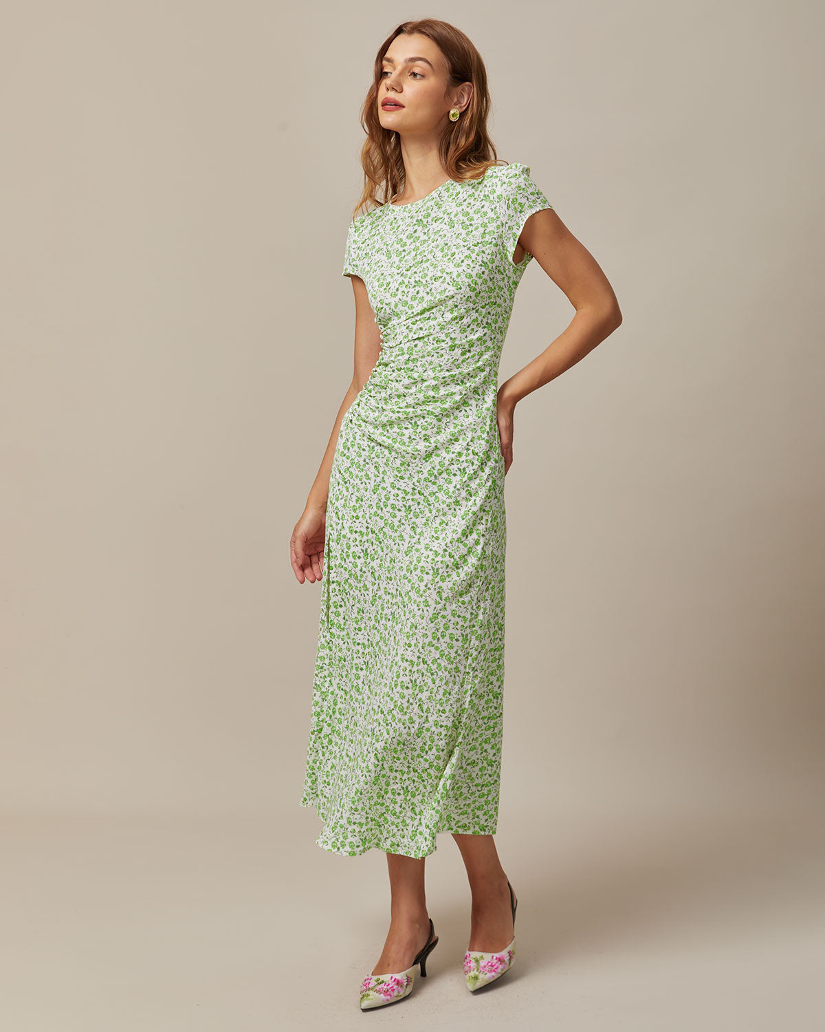 Green Round Neck Floral Midi Dress - Threadford