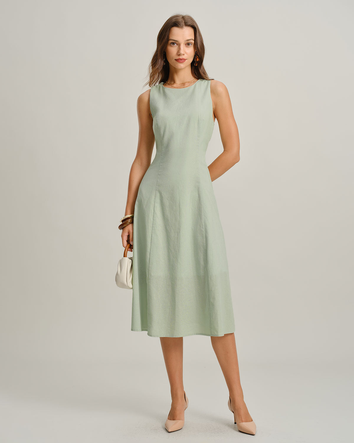 Green Round Neck Sleeveless Midi Dress - Threadford