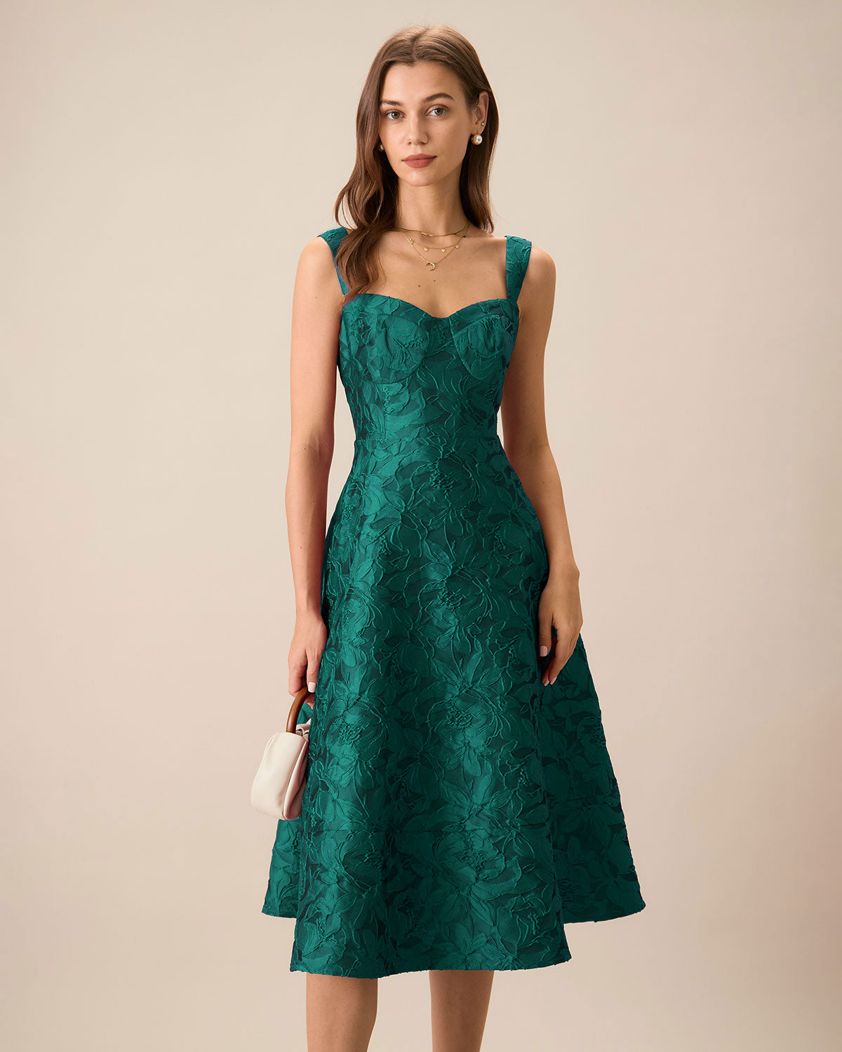 Green Sweetheart Neck Jacquard Midi Dress - Threadford