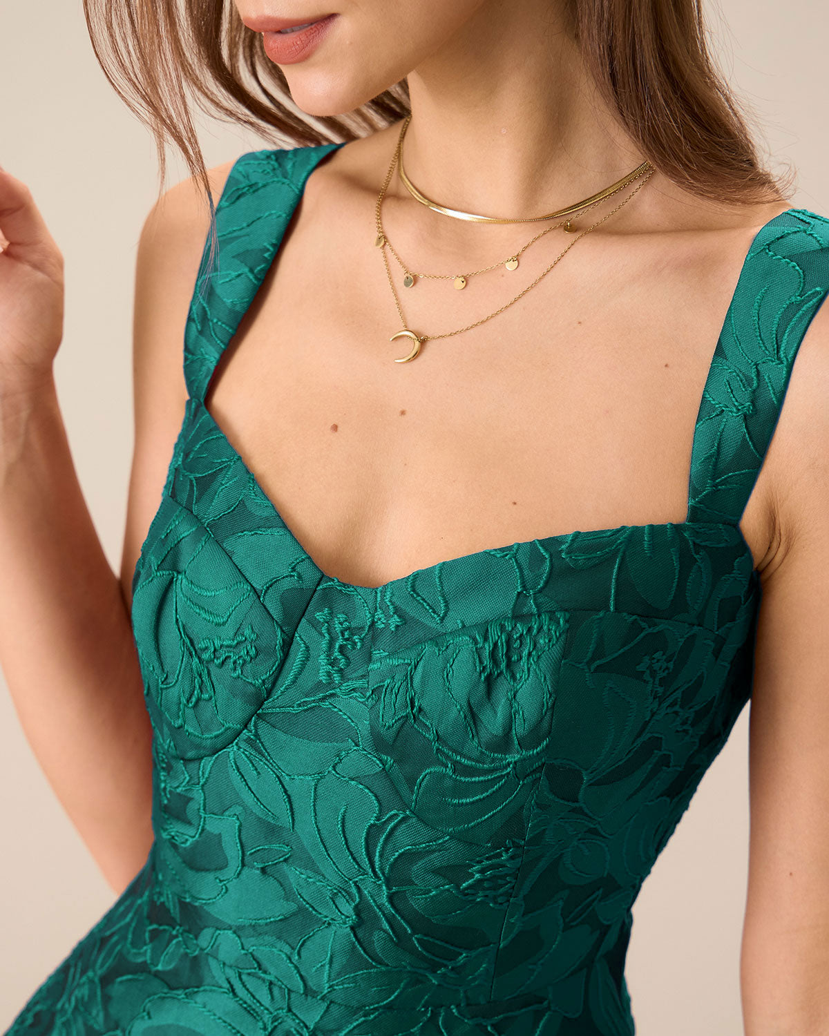 Green Sweetheart Neck Jacquard Midi Dress - Threadford