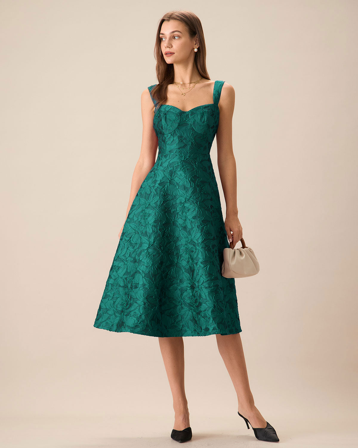 Green Sweetheart Neck Jacquard Midi Dress - Threadford
