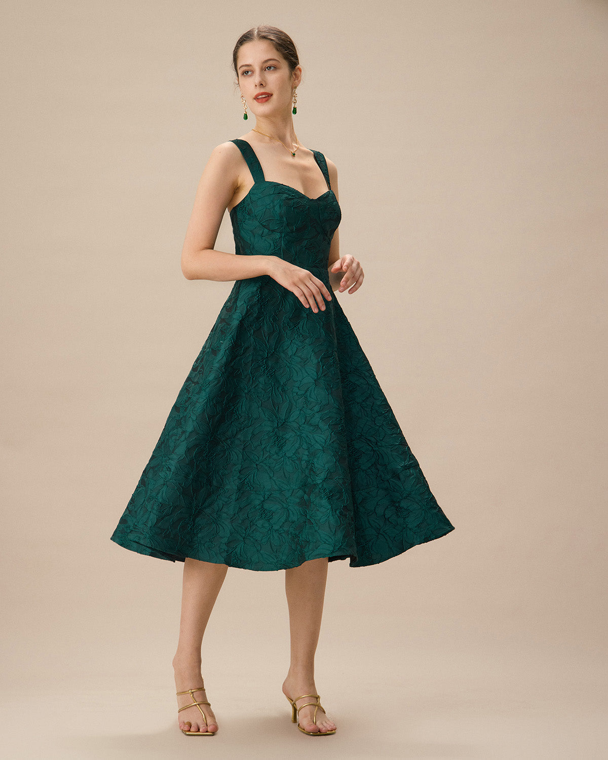 Green Sweetheart Neck Jacquard Midi Dress - Threadford